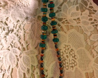 Turquoise Orange Spiney Hemalite Beaded Necklace (15")