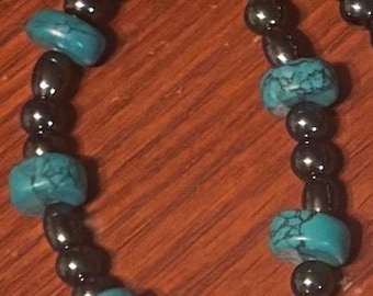 Turquoise Hematite Beaded Bracelet – 8 Inch Toggle Clasp