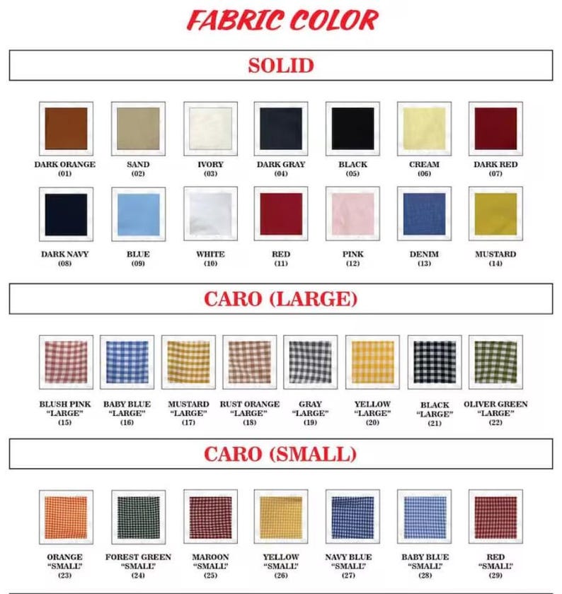 Peut inclure: Un nuancier de tissus pr&eacute;sentant trois sections : Solid, Caro Large et Caro Small. Le tableau affiche 29 &eacute;chantillons num&eacute;rot&eacute;s dans diverses couleurs et motifs, incluant des teintes unies comme orange fonc&eacute;, noir et blanc, ainsi que des carreaux vichy larges et petits dans des tons comme moutarde, bleu marine et vert for&ecirc;t.