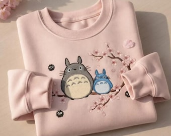 Totoro Embroidered Sweatshirt, Cherry Blossom Totoro Crewneck, Ghibli Inspired Anime T-shirt, Cute Studio Ghibli Gift, Totoro Lover Hoodie