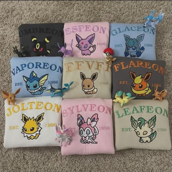 Sudadera bordada de Eeveelutions, camiseta de Eevee Evolutions, regalo para fans del anime Pokémon, sudadera unisex cómoda