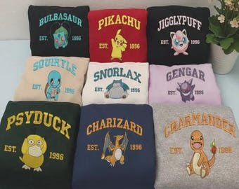 Pokemon Character Embroidered Sweatshirt, Anime Embroidery Crewneck, Retro Game Pullover, Cozy Gamer Gift
