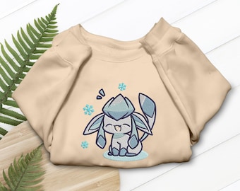 Glaceon Evolution Embroidered T-Shirt, Cute Anime Fan Gift, Pokemon Manga Shirt, Video Game Hoodie