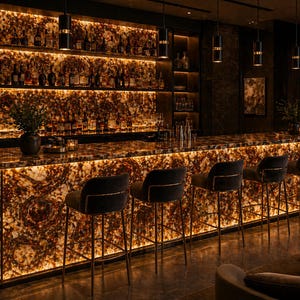May include: A luxurious bar with a backlit onyx countertop and matching shelving. The bar features dark velvet bar stools with gold accents. The shelves are stocked with bottles, and the lighting creates a warm, inviting atmosphere.
