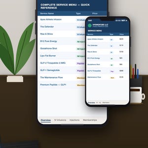 May include: Two smartphones displaying a service menu from HYDROFUSE LLC. The larger phone shows a detailed menu with service names, types, and prices. The smaller phone mirrors the menu, offering a concise overview. The screens are white with blue accents.