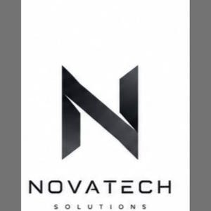 May include: A black graphic logo featuring a stylized letter N composed of two overlapping geometric shapes. Below the letter, the text NOVATECH is printed in a bold, sans-serif font, with the word SOLUTIONS in a smaller, thinner font underneath.