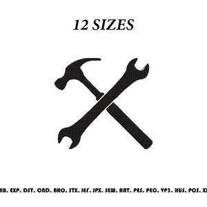 May include: A black embroidered design featuring a hammer and a wrench crossed in an X shape. The text 12 SIZES is printed above the icon, and the text EMB. EXP. DST. CND. BRO. STX. JEF. JPX. SEW. ART. PES. PEC. VP3. HUS. PCS. XXX is below.