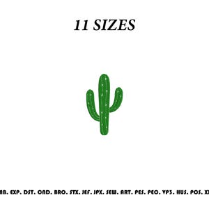 Op de afbeelding: Een groen cactus borduurontwerp met witte verticale lijnen en kleine witte stervormige accenten. De tekst 11 SIZES staat boven de cactus en een lijst met bestandsformaten waaronder EMB, EXP, DST, CND, BRO, STX, JEF, JPX, SEW, ART, PES, PEC, VP3, HUS, PCS, XXX staat onderaan.