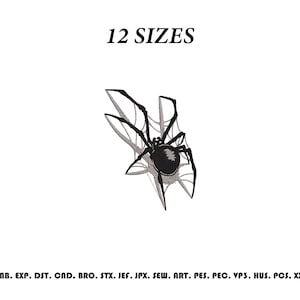 May include: An embroidery design featuring a black spider on a web with the text 12 SIZES at the top and a list of file formats including EMB, EXP, DST, CND, BRO, STX, JEF, JPX, SEW, ART, PES, PEC, VP3, HUS, PCS, and XXX at the bottom.