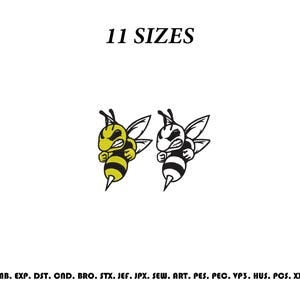 Könnte beinhalten: Ein Stickmuster mit zwei stilisierten Bienen, eine in Gelb und Schwarz und eine in Schwarz und Weiß. Der Text 11 SIZES steht oben, und die Dateiformate EMB, EXP, DST, CND, BRO, STX, JEF, JPX, SEW, ART, PES, PEC, VP3, HUS, PCS, XXX sind unten aufgeführt.