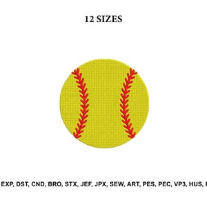 May include: A yellow softball with red stitching. The image includes the text "12 SIZES" at the top and a list of file formats at the bottom. The softball is centered on a white background.