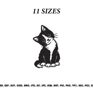 Puede incluir: Un diseño de bordado a máquina en blanco y negro que muestra un gatito con ojos grandes y la cabeza inclinada. El texto 11 SIZES aparece en la parte superior, y los formatos de archivo EMB, EXP, DST, CND, BRO, STX, JEF, JPX, SEW, ART, PES, PEC, VP3, HUS, PCS, XXX se enumeran en la parte inferior.
