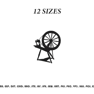 Op de afbeelding: Een zwart silhouet van een spinnewiel gecentreerd op een witte achtergrond. De tekst 12 SIZES verschijnt boven de afbeelding, en een lijst met bestandsformaten waaronder EMB, EXP, DST, CND, BRO, STX, JEF, JPX, SEW, ART, PES, PEC, VP3, HUS, PCS, XXX staat eronder.