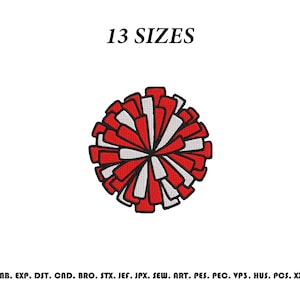 May include: An embroidery design of a red and white pom-pom with black outlines. The text 13 SIZES appears at the top, and the text EMB. EXP. DST. CND. BRO. STX. JEF. JPX. SEW. ART. PES. PEC. VP3. HUS. PCS. XXX is printed at the bottom.