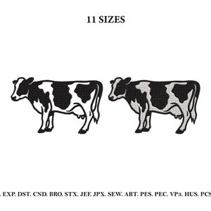Puede incluir: Un diseño de bordado que muestra dos vacas negras y blancas idénticas de perfil. El texto 11 SIZES aparece en la parte superior, y el texto EMB. EXP. DST. CND. BRO. STX. JEF. JPX. SEW. ART. PES. PEC. VP3. HUS. PCS. XXX está en la parte inferior.