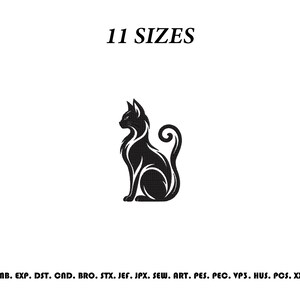 May include: A black silhouette graphic of a sitting cat with stylised fur details. The text 11 SIZES appears at the top, and the text EMB. EXP. DST. CND. BRO. STX. JEF. JPX. SEW. ART. PES. PEC. VP3. HUS. PCS. XXX is printed at the bottom.