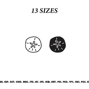 Puede incluir: Un diseño de bordado digital con dos iconos de dólares de arena, uno delineado y otro en negro sólido. El texto 13 SIZES aparece en la parte superior, y los formatos de archivo EMB, EXP, DST, CND, BRO, STX, JEF, JPX, SEW, ART, PES, PEC, VP3, HUS, PCS, XXX se enumeran debajo.