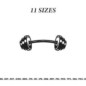May include: A black embroidered barbell graphic centered on a white background. Above the barbell, the text reads 11 SIZES. Below the barbell, the text lists various file formats: EMB, EXP, DST, CND, BRO, STX, JEF, JPX, SEW, ART, PES, PEC, VP3, HUS, PCS, XXX.