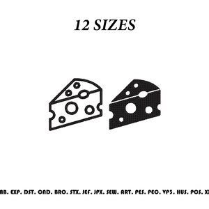 Puede incluir: Un diseño de bordado digital que presenta dos iconos de cuñas de queso, uno delineado y otro negro sólido, con el texto 12 SIZES en la parte superior y una lista de formatos de archivo que incluye EMB, EXP, DST, CND, BRO, STX, JEF, JPX, SEW, ART, PES, PEC, VP3, HUS, PCS, XXX en la parte inferior.