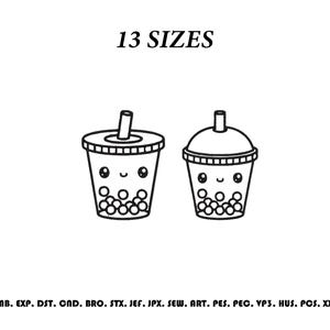 May include: A black and white line art illustration of two bubble tea cups with smiling faces, straws, and tapioca pearls. The text 13 SIZES appears at the top, and the text EMB. EXP. DST. CND. BRO. STX. JEF. JPX. SEW. ART. PES. PEC. VP3. HUS. PCS. XXX is at the bottom.