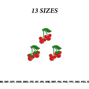 May include: An embroidery design featuring three clusters of red cherries with green leaves, where the cherries are shaped like mouse heads. The text 13 SIZES appears at the top, and a list of file formats including EMB, EXP, DST, CND, BRO, STX, JEF, JPX, SEW, ART, PES, PEC, VP3, HUS, PCS, XXX is at the bottom.