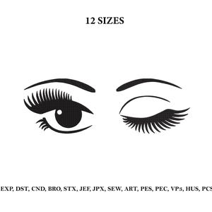 Puede incluir: Ilustración en blanco y negro de dos ojos estilizados, uno abierto y otro guiñando, con largas pestañas y cejas arqueadas. El texto "12 SIZES" está encima de los ojos. Abreviaturas de formatos de archivo debajo.