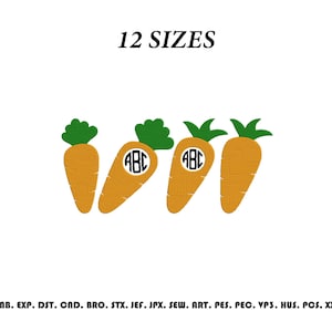May include: An embroidery design featuring four orange carrots with green tops, two of which contain a circular white monogram area with the letters ABC. The text 12 SIZES appears at the top, and a list of file formats is at the bottom.