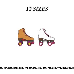 May include: Two roller skates, one orange and one white, featuring purple laces and wheels with yellow centers. The text 12 SIZES appears at the top, and the text EMB. EXP. DST. CND. BRO. STX. JEF. JPX. SEW. ART. PES. PEC. VP3. HUS. PCS. XXX is at the bottom.