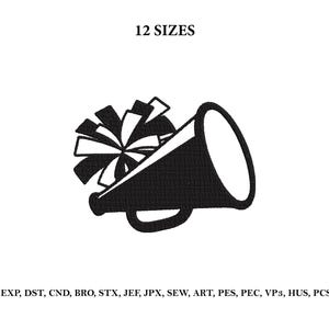Può includere: Illustrazione in bianco e nero di un megafono con un pompon. Il testo "12 TAGLIE" è sopra il megafono. Sotto il megafono ci sono le abbreviazioni EMB, EXP, DST, CND, BRO, STX, JEF, JPX, SEW, ART, PES, PEC, VP3, HUS, PCS, XXX.