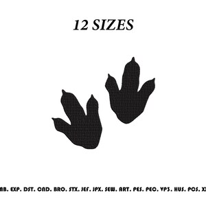 May include: A black embroidery design featuring two dinosaur footprints. The text 12 SIZES is centered at the top. The bottom lists the file formats: EMB, EXP, DST, CND, BRO, STX, JEF, JPX, SEW, ART, PES, PEC, VP3, HUS, PCS, and XXX.