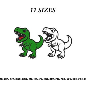 May include: An embroidery design featuring two T-Rex dinosaurs, one filled with green and one outlined in black, with the text 11 SIZES at the top and a list of file formats including EMB, EXP, DST, CND, BRO, STX, JEF, JPX, SEW, ART, PES, PEC, VP3, HUS, PCS, XXX at the bottom.