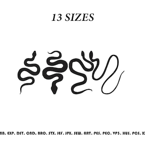 May include: A digital embroidery design featuring four distinct black snake silhouettes arranged horizontally. The text 13 SIZES appears at the top, and the text EMB. EXP. DST. CND. BRO. STX. JEF. JPX. SEW. ART. PES. PEC. VP3. HUS. PCS. XXX is at the bottom.