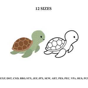 May include: An image featuring two cartoon sea turtles. One turtle is colored with a brown shell and green body, the other is a black outline. The text "12 SIZES" is above the turtles.