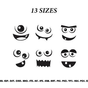 Puede incluir: Una colección de seis caras de monstruos gráficas negras con varias expresiones, incluyendo ojos y bocas. El texto 13 SIZES aparece en la parte superior, y el texto EMB. EXP. DST. CND. BRO. STX. JEF. JPX. SEW. ART. PES. PEC. VP3. HUS. PCS. XXX está en la parte inferior.