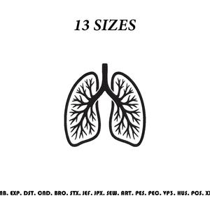 Może przedstawiać: Czarno-biały cyfrowy wzór hafciarski przedstawiający stylizowaną ilustrację anatomiczną płuc. Tekst 13 SIZES jest wyśrodkowany nad grafiką, a poniżej znajduje się lista formatów plików, w tym EMB, EXP, DST, CND, BRO, STX, JEF, JPX, SEW, ART, PES, PEC, VP3, HUS, PCS oraz XXX.