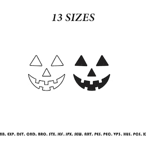 May include: A digital embroidery design featuring two jack-o'-lantern faces, one outlined and one solid black, with the text 13 SIZES at the top and a list of file formats including EMB, EXP, DST, CND, BRO, STX, JEF, JPX, SEW, ART, PES, PEC, VP3, HUS, PCS, XXX at the bottom.