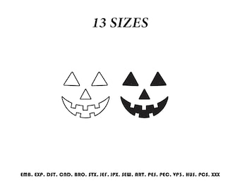 May include: A digital embroidery design featuring two jack-o'-lantern faces, one outlined and one solid black, with the text 13 SIZES at the top and a list of file formats including EMB, EXP, DST, CND, BRO, STX, JEF, JPX, SEW, ART, PES, PEC, VP3, HUS, PCS, XXX at the bottom.