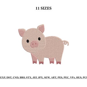 Puede incluir: Un cerdo bordado de color rosa claro con ojos negros, un hocico rosa y patas rosas. El texto "11 SIZES" está encima del cerdo. Debajo están las abreviaturas de formatos de archivo.
