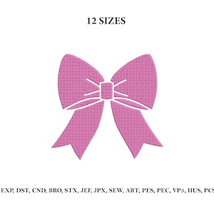 Puede incluir: Un diseño de lazo rosa con apariencia texturizada. La imagen incluye el texto "12 SIZES" en la parte superior y una lista de formatos de archivo en la parte inferior, incluyendo EMB, EXP y DST.