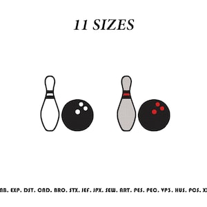 Puede incluir: Un diseño de bordado con dos bolos y dos bolas de boliche. Un conjunto está delineado en negro, mientras que el otro está relleno con detalles en gris y rojo. El texto 11 SIZES aparece arriba y los formatos de archivo abajo.