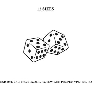 Op de afbeelding: Zwart-wit illustratie van twee dobbelstenen. Elke dobbelsteen heeft zes zijden met zwarte stippen die getallen voorstellen. De tekst "12 SIZES" staat boven de dobbelstenen. Daaronder afkortingen van bestandsformaten.