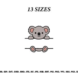 May include: An embroidery design featuring a gray koala with pink inner ears, shown peeking over and sitting below a horizontal line. The text 13 SIZES appears at the top, and a list of file formats including EMB, EXP, DST, CND, BRO, STX, JEF, JPX, SEW, ART, PES, PEC, VP3, HUS, PCS, XXX is at the bottom.
