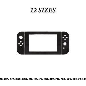 May include: A black machine embroidery design of a handheld gaming console with a central screen and side controllers. The text 12 SIZES appears above the graphic, and a list of file formats including EMB, EXP, DST, CND, BRO, STX, JEF, JPX, SEW, ART, PES, PEC, VP3, HUS, PCS, XXX is printed below.