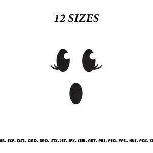 May include: A black digital embroidery design featuring a ghost face with two large eyes with eyelashes and a small oval mouth. The text 12 SIZES appears at the top, and a list of file formats including EMB, EXP, DST, CND, BRO, STX, JEF, JPX, SEW, ART, PES, PEC, VP3, HUS, PCS, XXX is at the bottom.