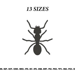 May include: A black embroidered ant silhouette design centered on a white background. The text 13 SIZES appears above the ant, and a list of file formats including EMB, EXP, DST, CND, BRO, STX, JEF, JPX, SEW, ART, PES, PEC, VP3, HUS, PCS, XXX is below.