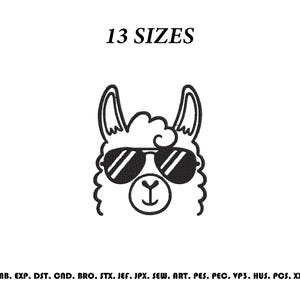 May include: A black and white embroidery design featuring a stylized llama wearing sunglasses. The text 13 SIZES appears at the top, and a list of file formats including EMB, EXP, DST, CND, BRO, STX, JEF, JPX, SEW, ART, PES, PEC, VP3, HUS, PCS, and XXX is at the bottom.