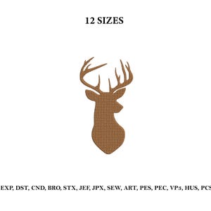 May include: A brown deer head silhouette with large antlers is centered on a white background. The text "12 SIZES" is above the deer. Below the deer are file format abbreviations.