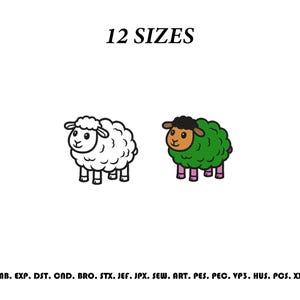 Può includere: Un disegno per ricamo digitale con due illustrazioni di pecore, il testo 12 SIZES in alto e un elenco di formati di file tra cui EMB, EXP, DST, CND, BRO, STX, JEF, JPX, SEW, ART, PES, PEC, VP3, HUS, PCS, XXX in basso.