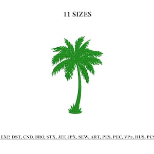 May include: A green embroidered palm tree design on a white background. The image includes the text "11 SIZES" at the top and a list of file formats at the bottom. The palm tree has a detailed, textured appearance.