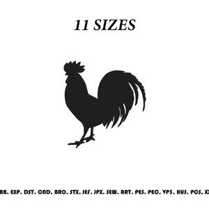 Può includere: Una silhouette nera di un gallo rivolto verso sinistra, centrata su uno sfondo a tinta unita. Sopra il gallo c'è il testo 11 SIZES. Sotto il gallo c'è il testo EMB. EXP. DST. CND. BRO. STX. JEF. JPX. SEW. ART. PES. PEC. VP3. HUS. PCS. XXX.